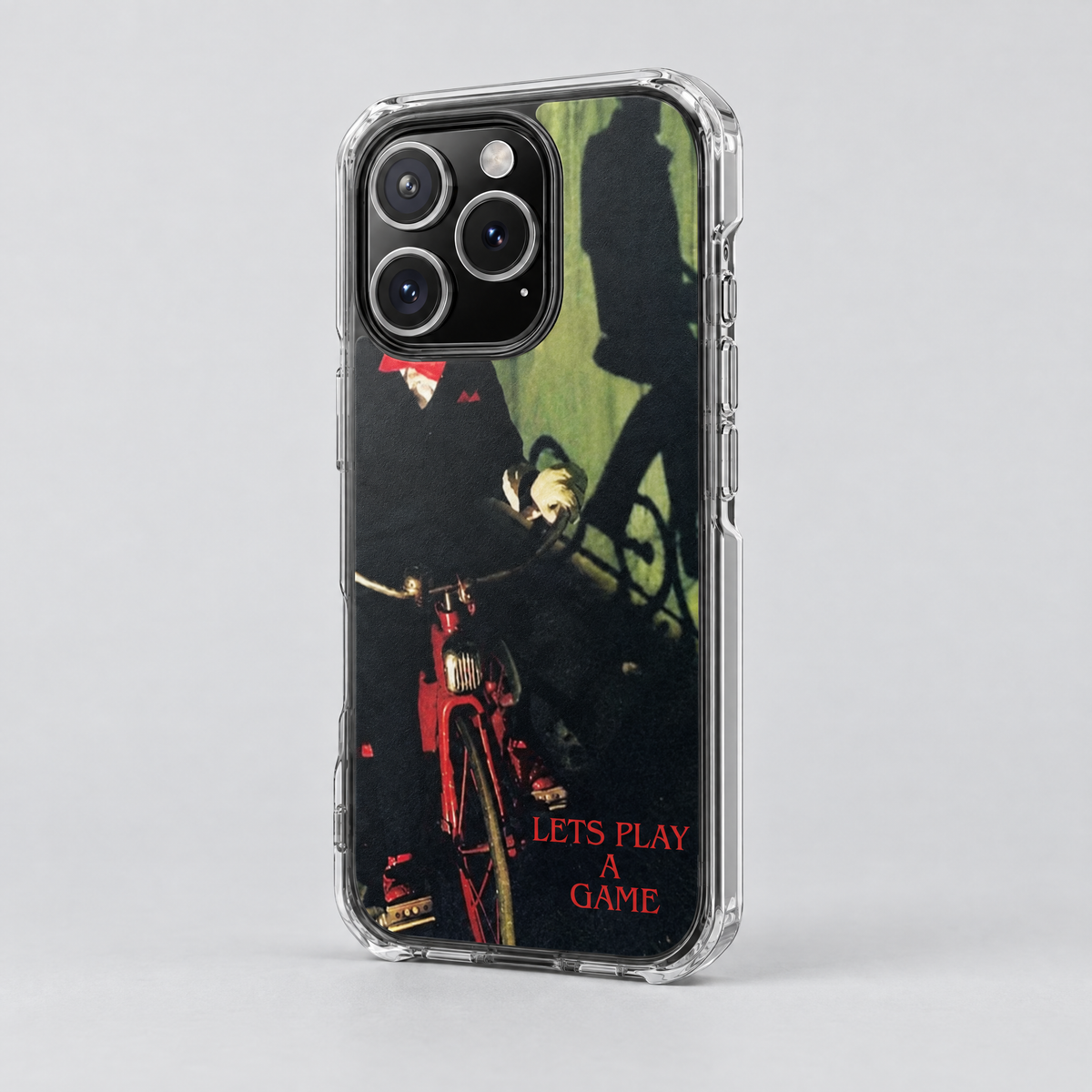 Midnight Game clear MagSafe iPhone case, three-quarter angle view