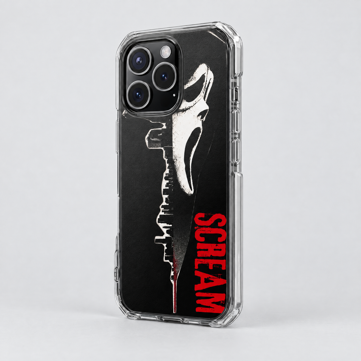 Scream (No Caller ID) clear MagSafe iPhone case, three-quarter angle view