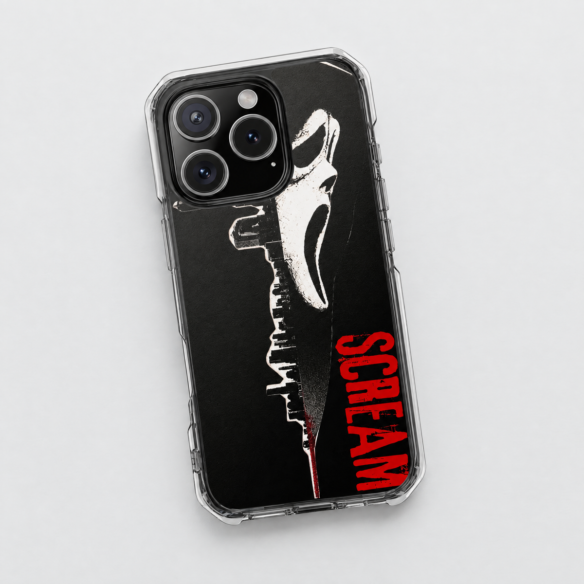 Scream (No Caller ID) clear MagSafe iPhone case, flat lay view