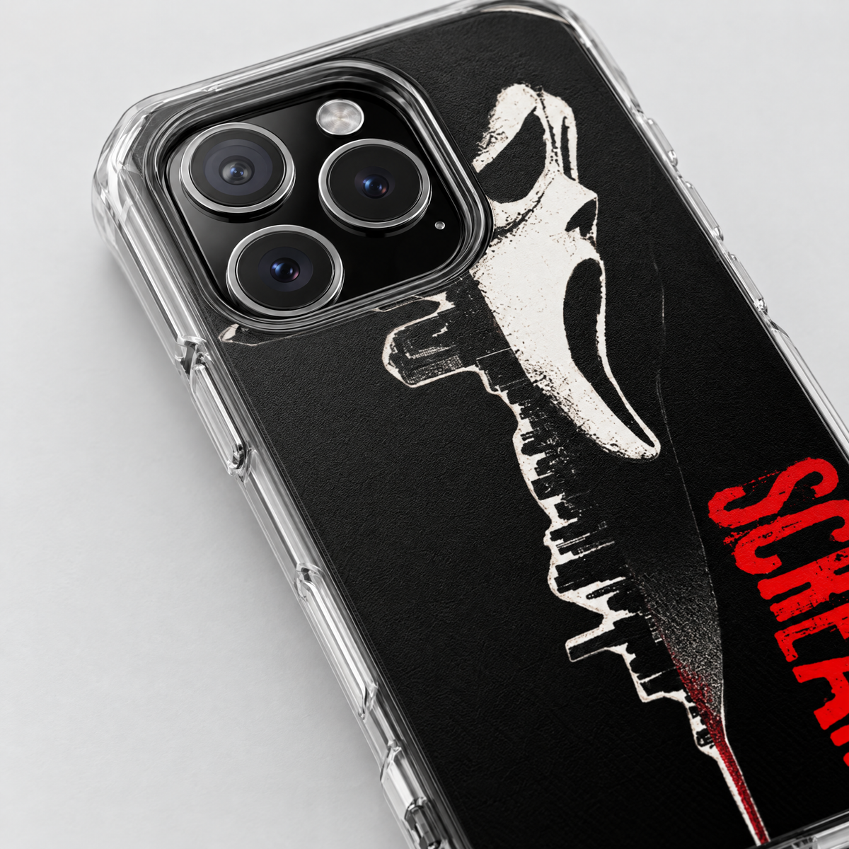 Scream (No Caller ID) clear MagSafe iPhone case, close-up detail