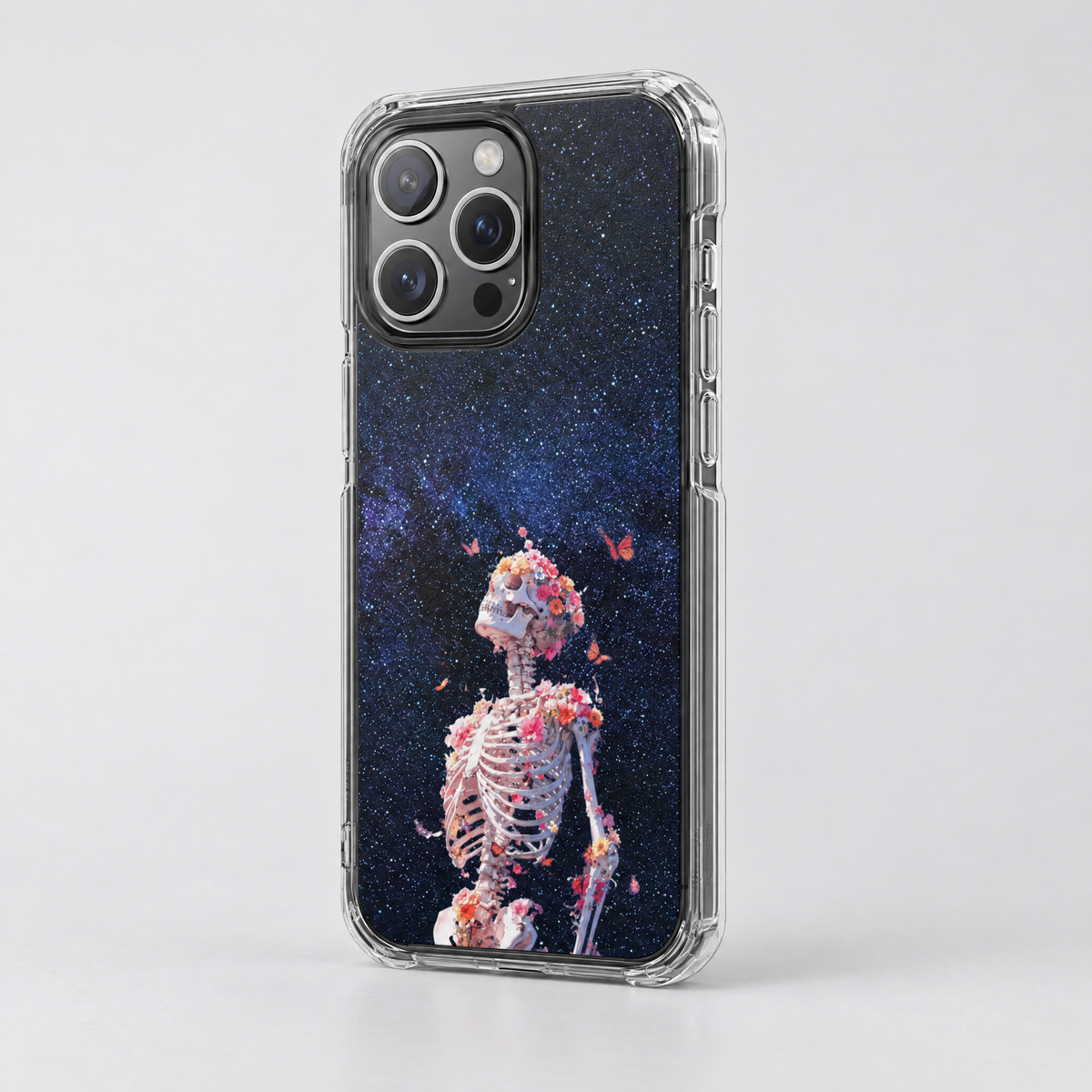 Cosmic Remains clear MagSafe iPhone case, three-quarter angle view