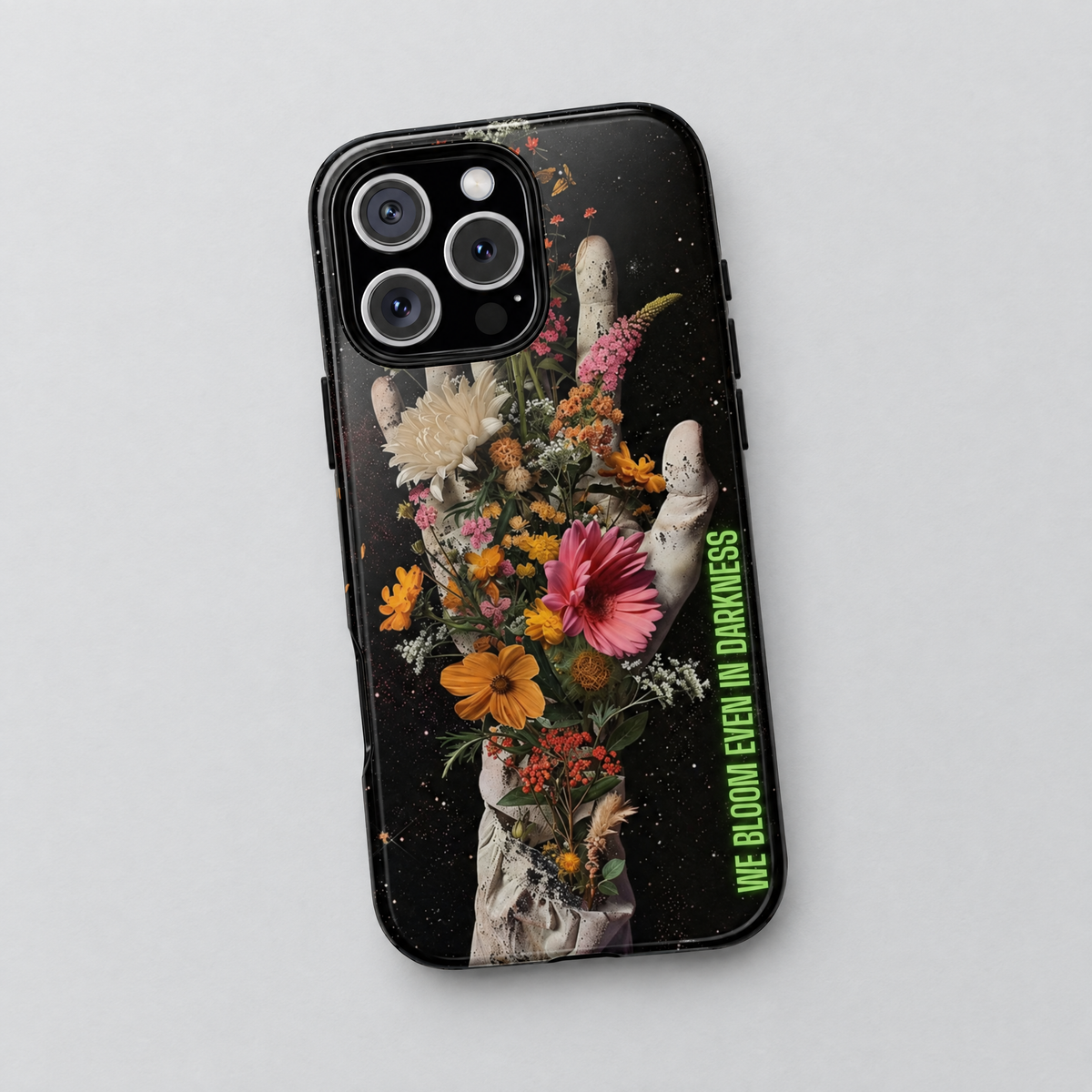 Bloom After Death protective iPhone case, flat lay view