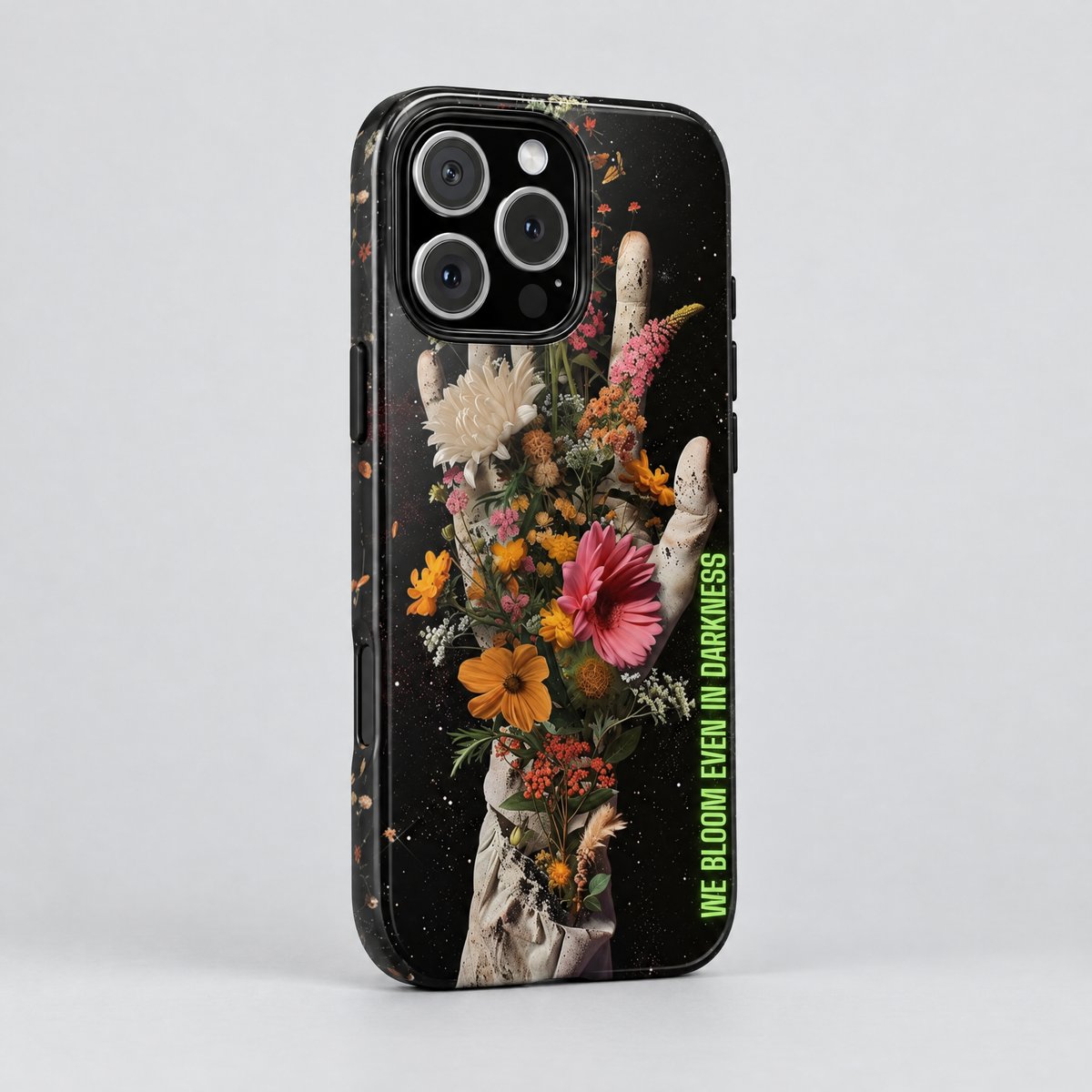 Bloom After Death protective iPhone case, three-quarter angle view