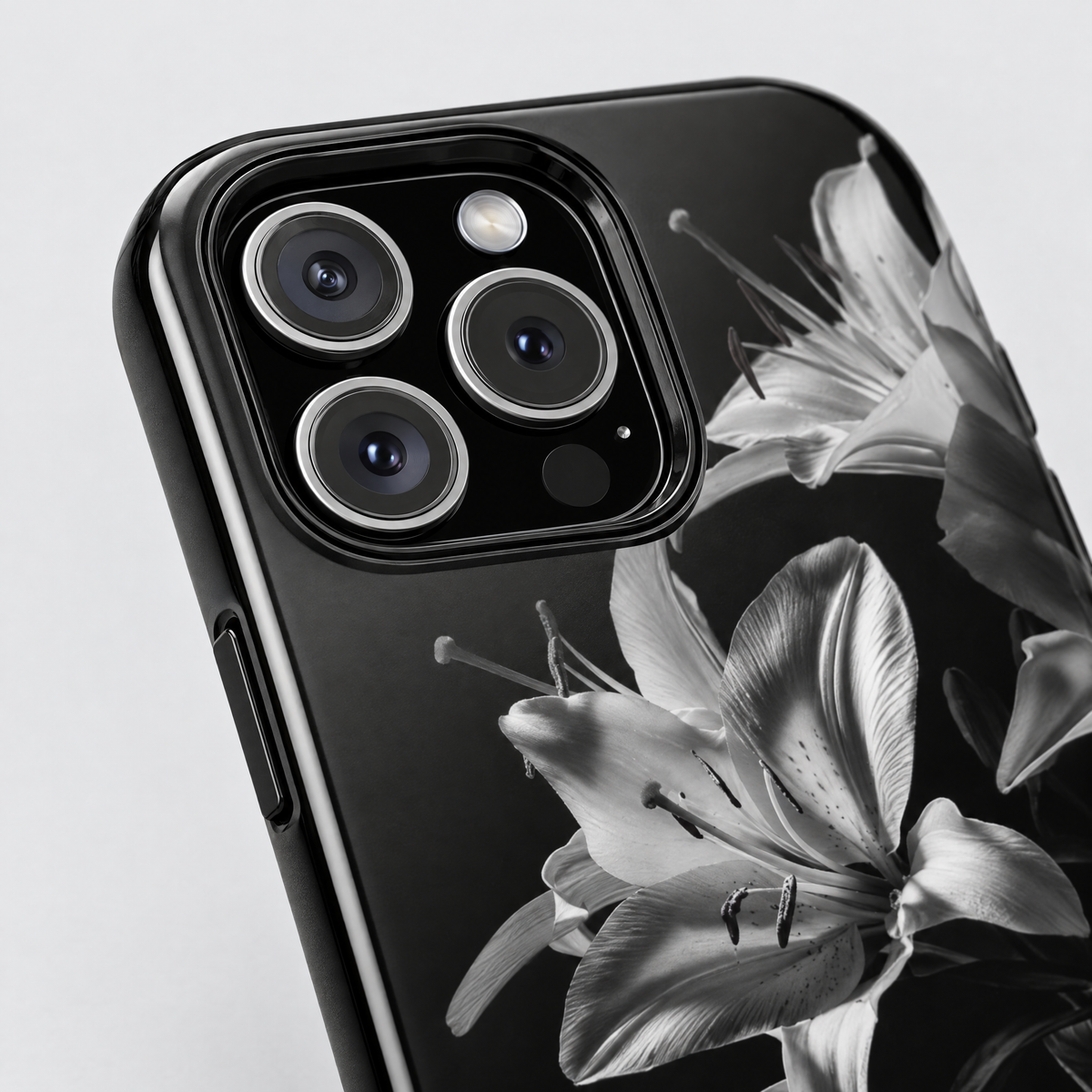 Noir Bloom protective iPhone case, close-up detail