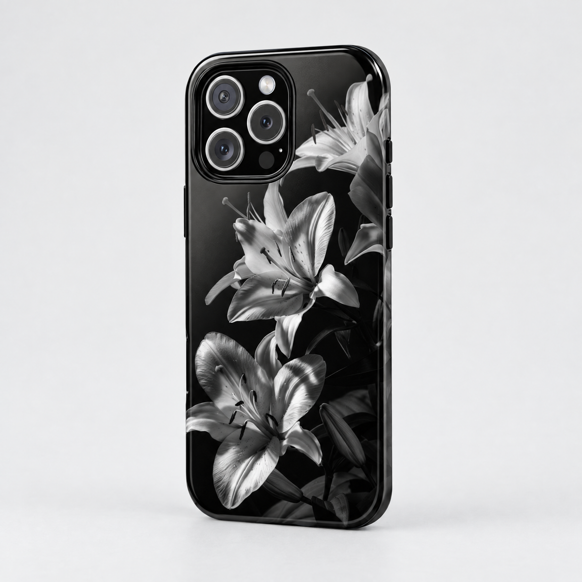 Noir Bloom protective iPhone case, three-quarter angle view
