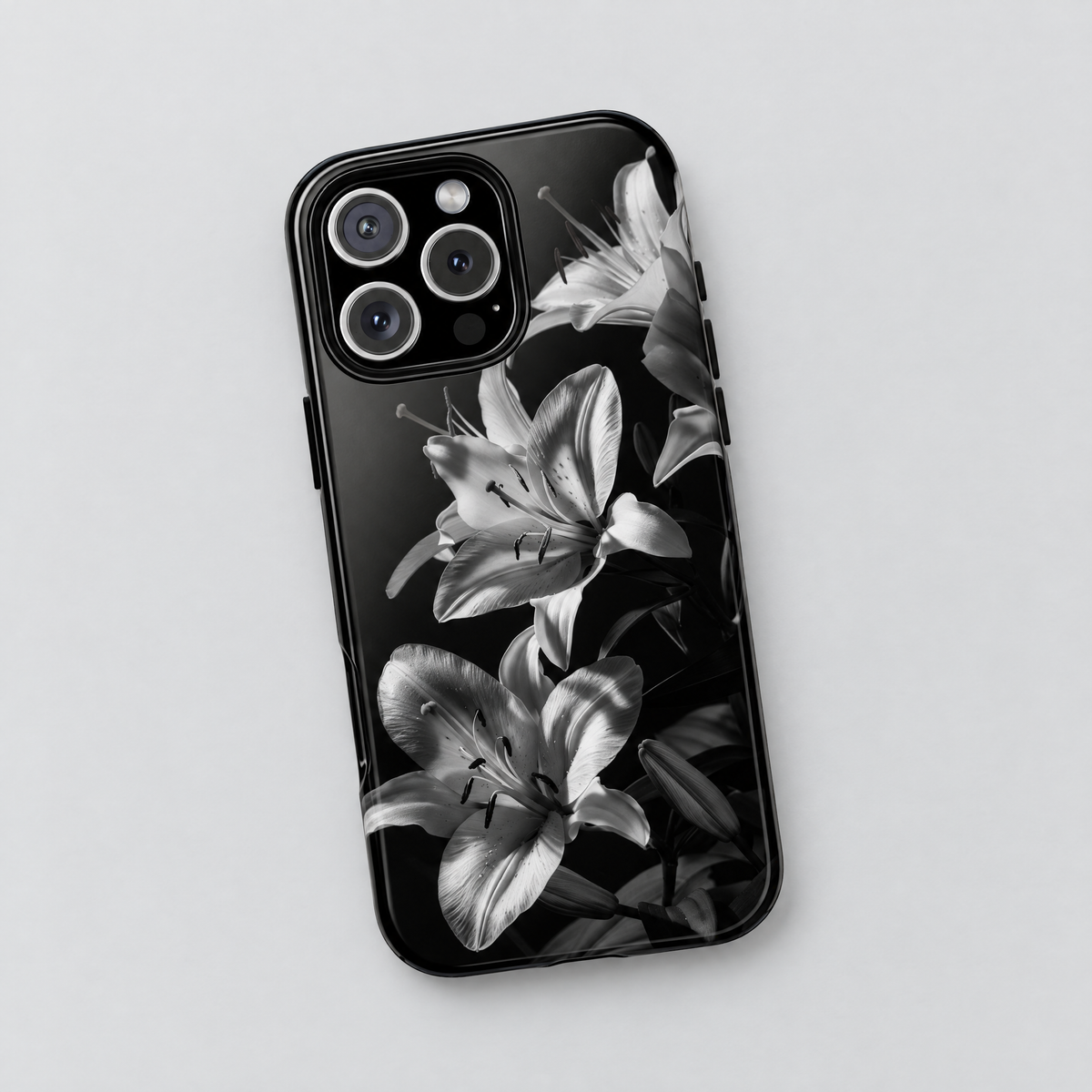 Noir Bloom protective iPhone case, flat lay view