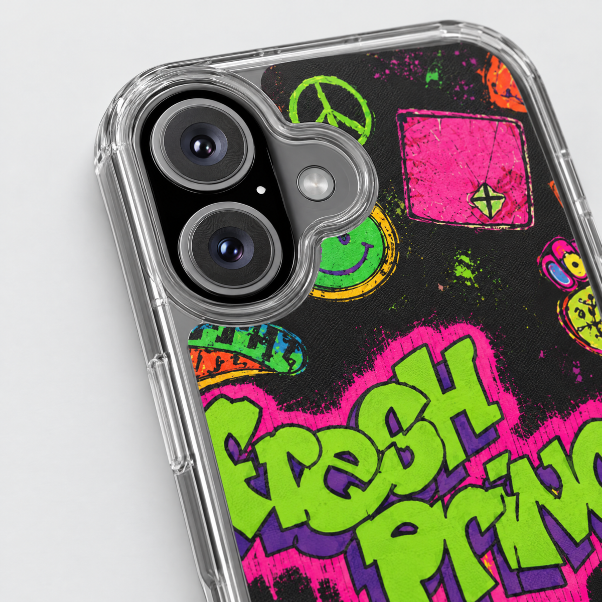 Fresh Prince clear iPhone case, close-up detail
