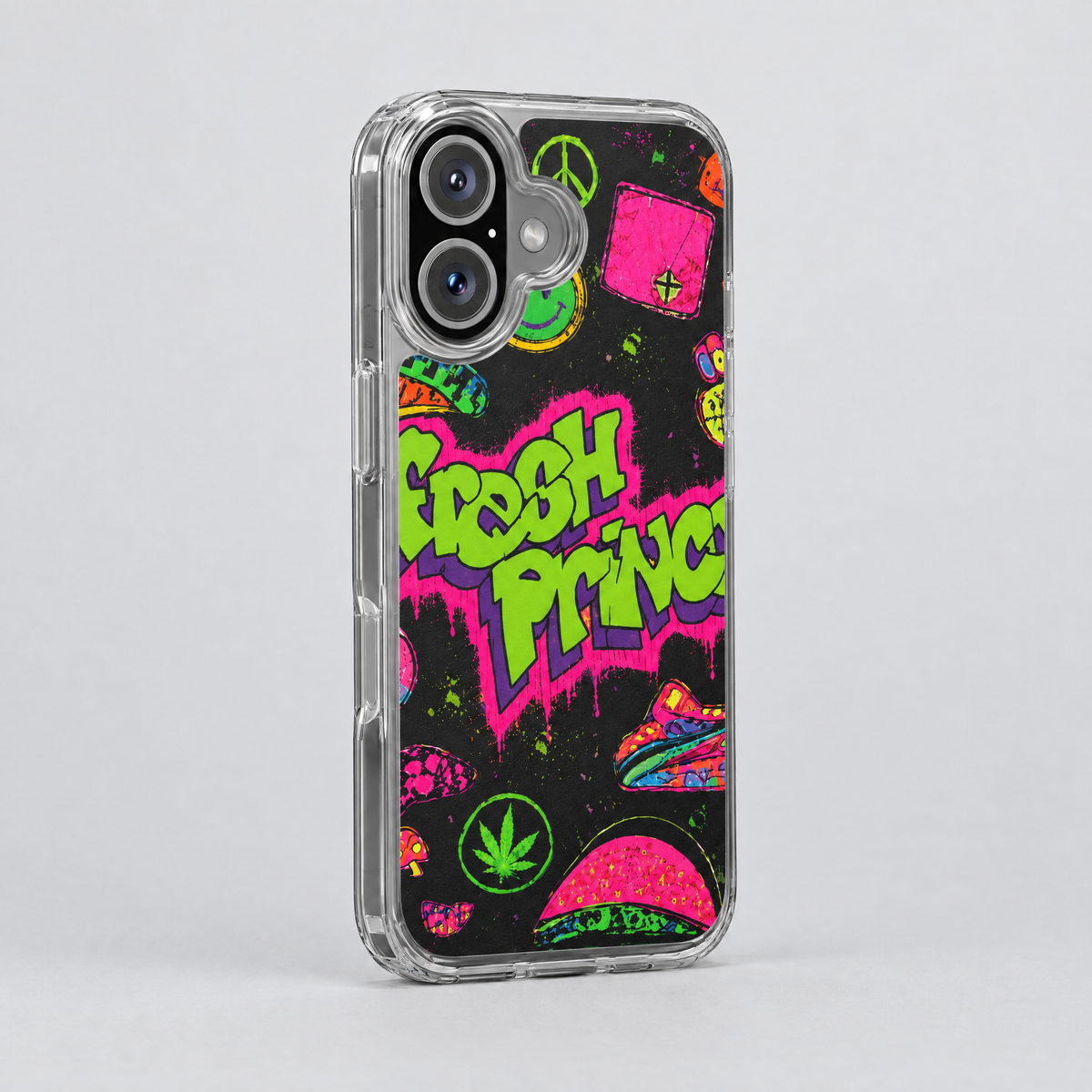 Fresh Prince clear iPhone case, three-quarter angle view