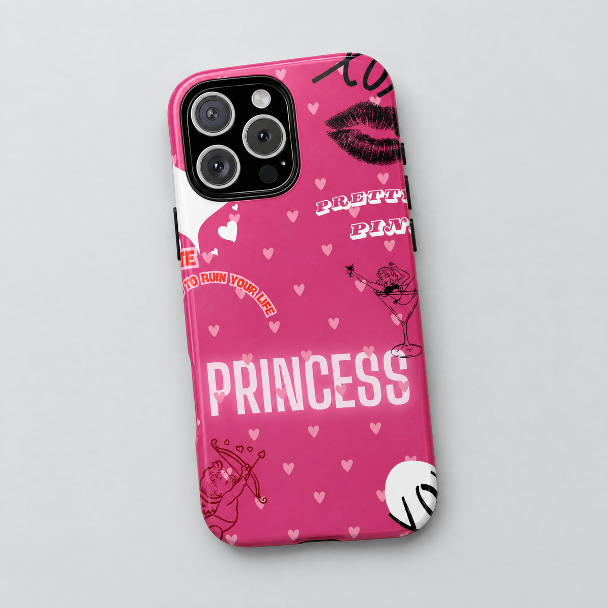 Pink Princess protective iPhone case, flat lay view
