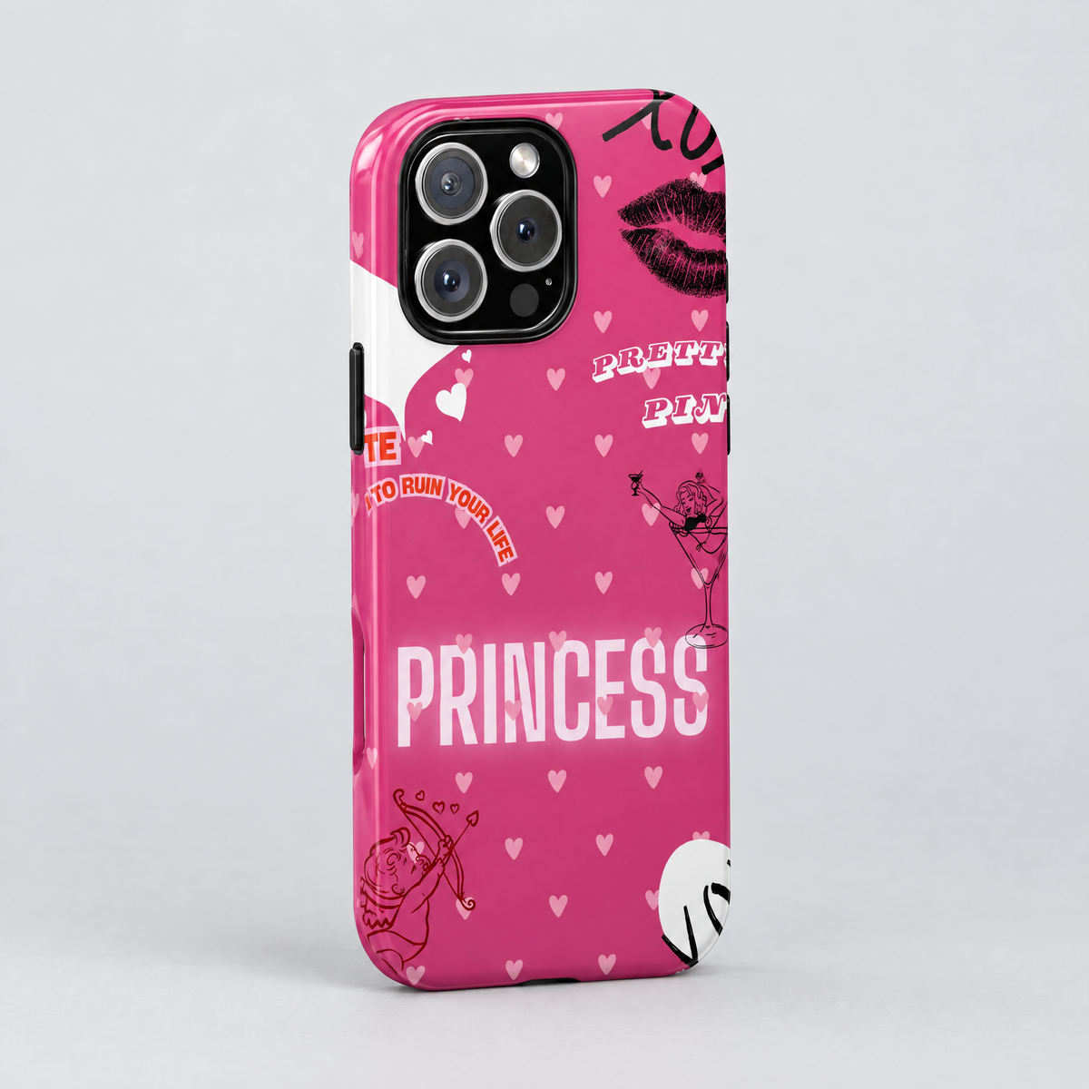 Pink Princess protective iPhone case, three-quarter angle view