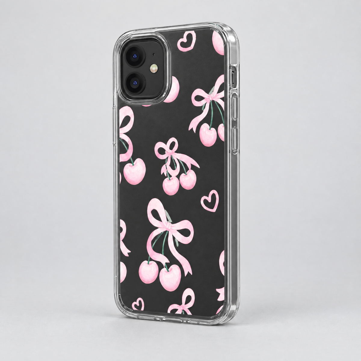 Cherry Tied clear iPhone case, three-quarter angle view