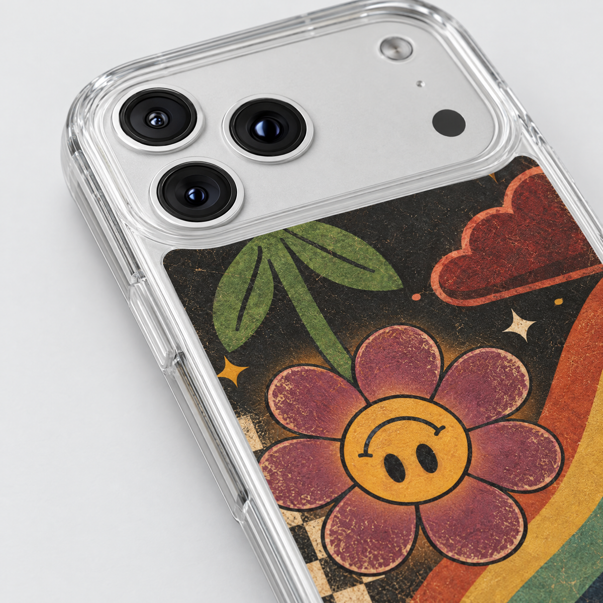 Good Days clear iPhone case, close-up detail