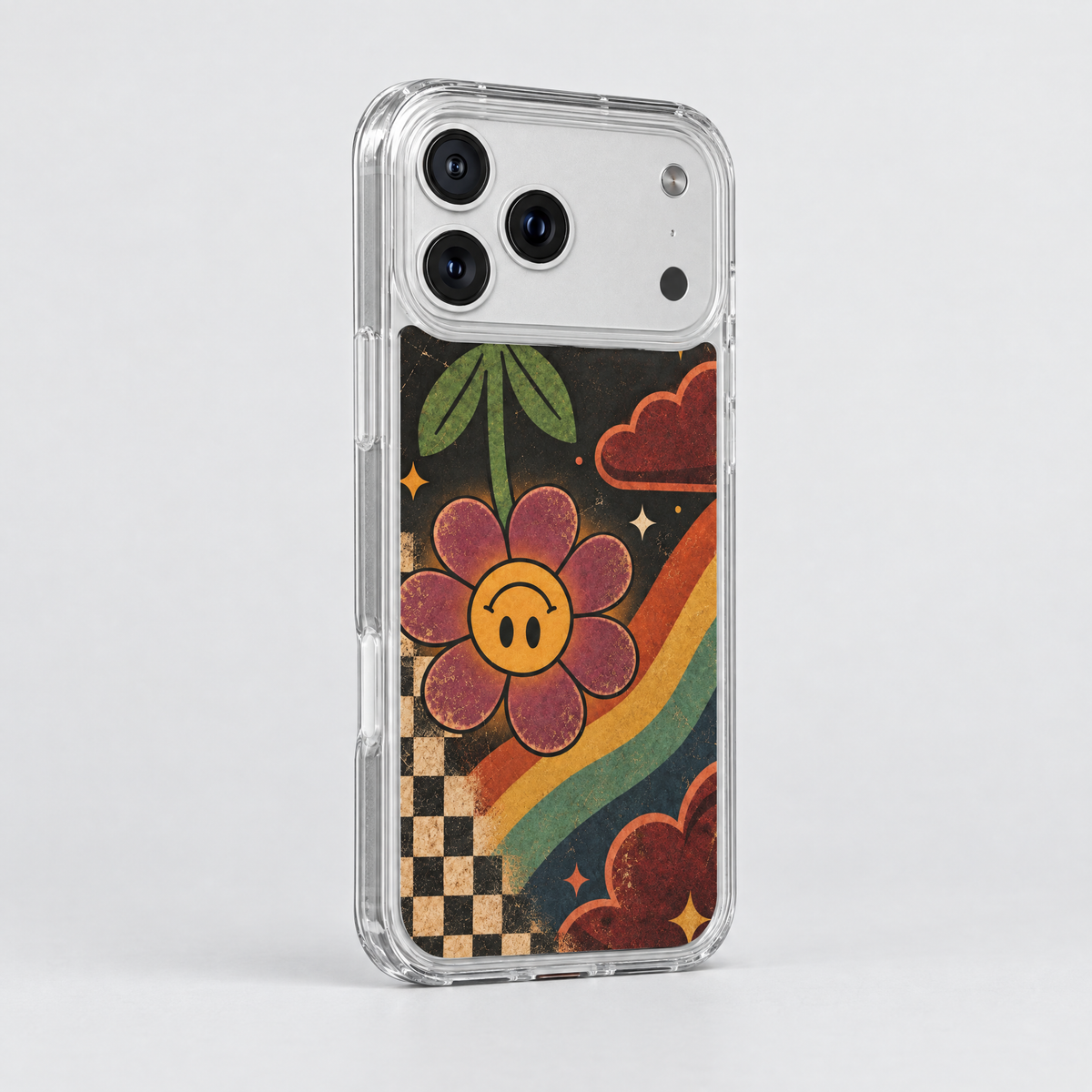 Good Days clear iPhone case, three-quarter angle view